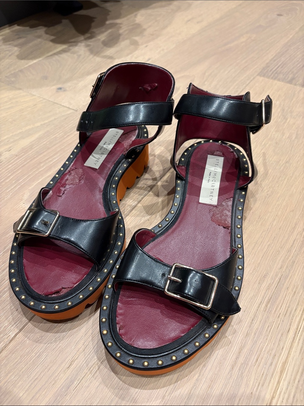 Black and Burgundy Studded Leather Platform Sandals